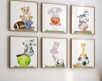 Set of 6 Sport Animal Prints, Nursery Sports Decor, Baby Boy Sports Nursery, Sports Decor, Boys Bedroom Prints, Sports Decor Bedroom