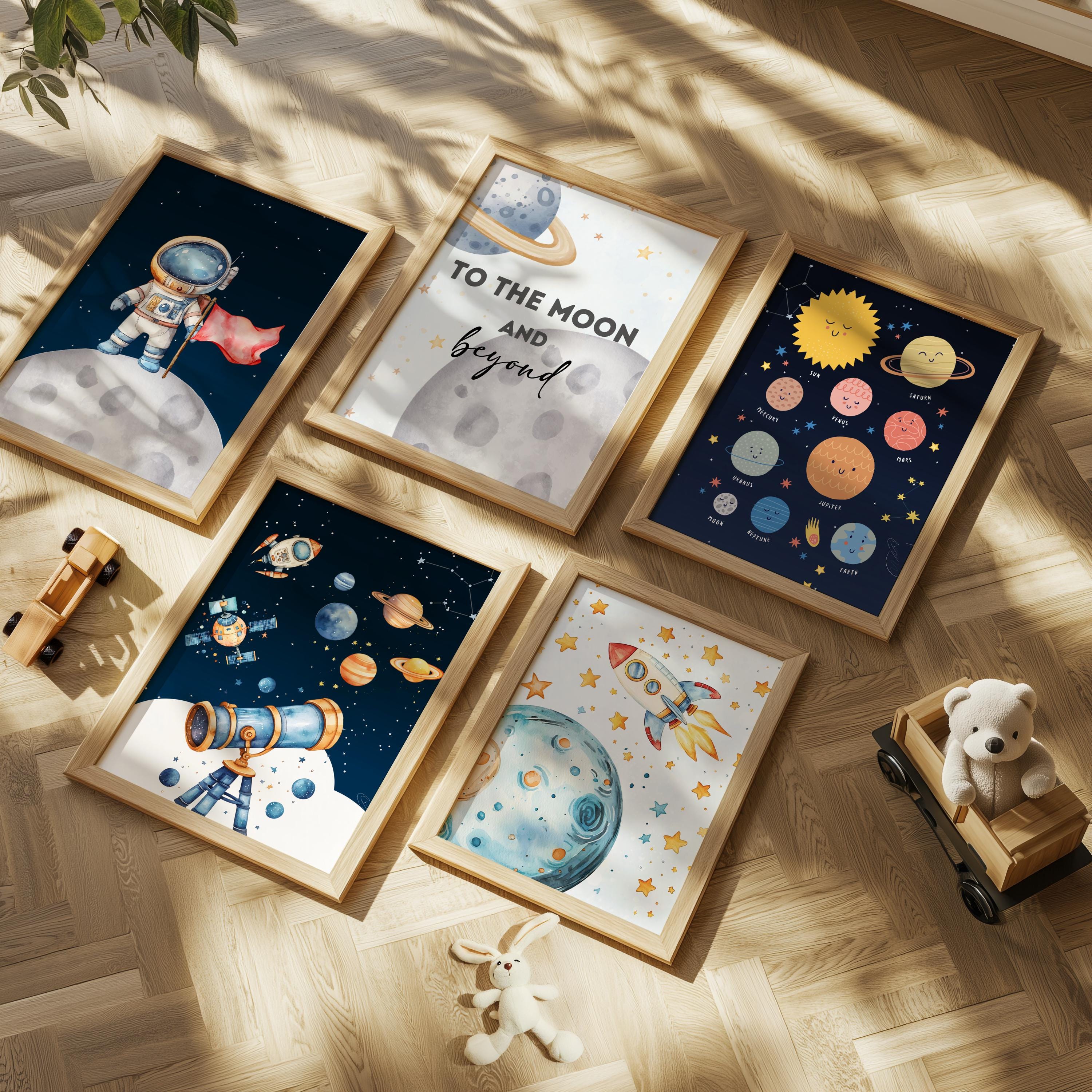 Outer Space Nursery Wall Art Set, Astronaut Rocket Planets Kids Room ...