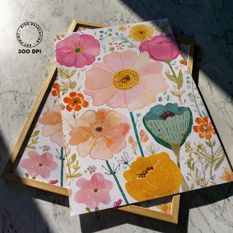 May include: Two framed floral art prints featuring watercolor flowers in pink, peach, yellow, and teal. The prints are set in light brown wooden frames. The text "HIGH RESOLUTION ART PRINT 300 DPI" is visible on the top left of the print.