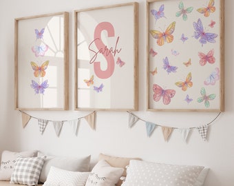 Pastel Butterfly Printable Nursery Decor, Personalized Name Print, Butterfly Wall Decor, Pink Nursery Print, Boho Butterfly Art, Girls Room