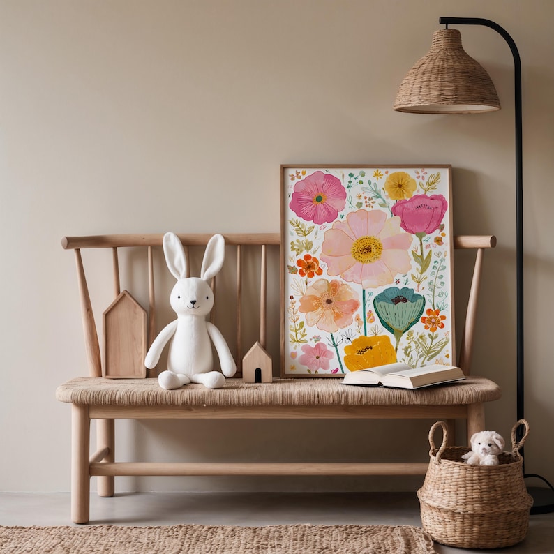May include: A framed floral print with pink, yellow, and orange flowers sits on a wooden bench with a woven seat. A white bunny plush and two wooden houses are on the bench. A woven basket and a floor lamp are also in the scene.