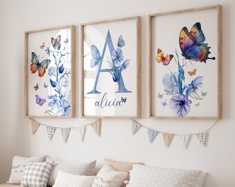 Butterfly Wall Art, Butterfly Prints, Wildflowers and Butterfly, Wildflowers Prints, Floral Nursery Wall Art, Watercolor Butterfly