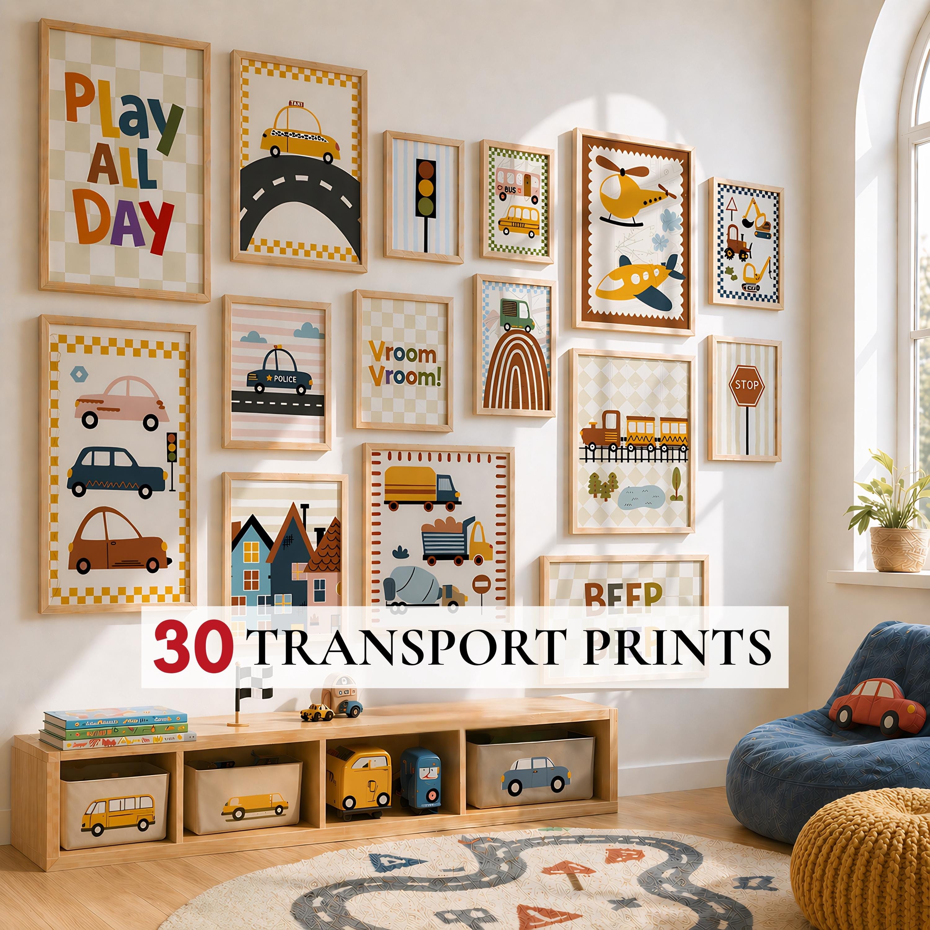 Playroom Transport Wall Art Set of 30, Trucks Airplane Car Prints