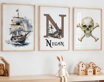 Lámina para habitación infantil con temática pirata, arte mural de barco pirata, decoración náutica, arte infantil pirata, lámina de calavera, decoración pirata, póster pirata