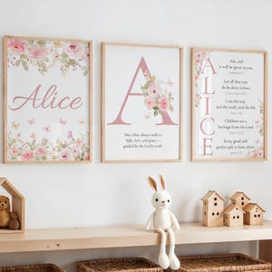 Arte cristiano de pared para habitación infantil, impresión personalizada con versículo bíblico y nombre, decoración floral para habitación de niña, cita bíblica para niños, arte floral para habitación infantil