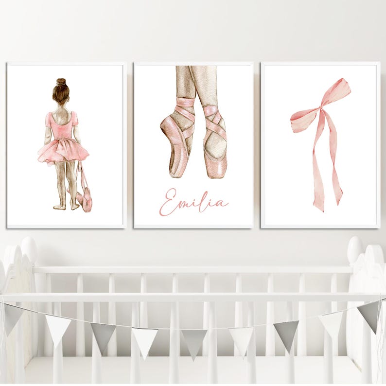 May include: Three watercolor prints featuring a ballerina in a pink tutu, a pair of pink ballet shoes, and a pink ribbon bow. The middle print includes the name "Emilia".