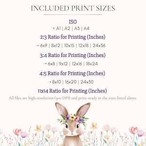 May include: A print size chart with text listing ISO and inch sizes for printing. The image includes a watercolor illustration of a bunny wearing a floral crown, with a soft, pastel floral background.