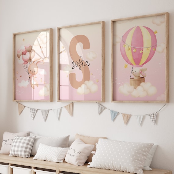 Bunny Nursery Prints, Pink Nursery Decor, Hot Air Balloon Prints, Bunny Prints, Bunny Wall Art, Girl Nursery Prints, Pink Clouds Print