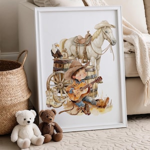 Arte de pared para habitación infantil de vaqueros, láminas de vaqueros, láminas de niños del oeste, decoración de habitación infantil campestre, póster imprimible de caballo rústico, decoración de habitación infantil de estilo granja
