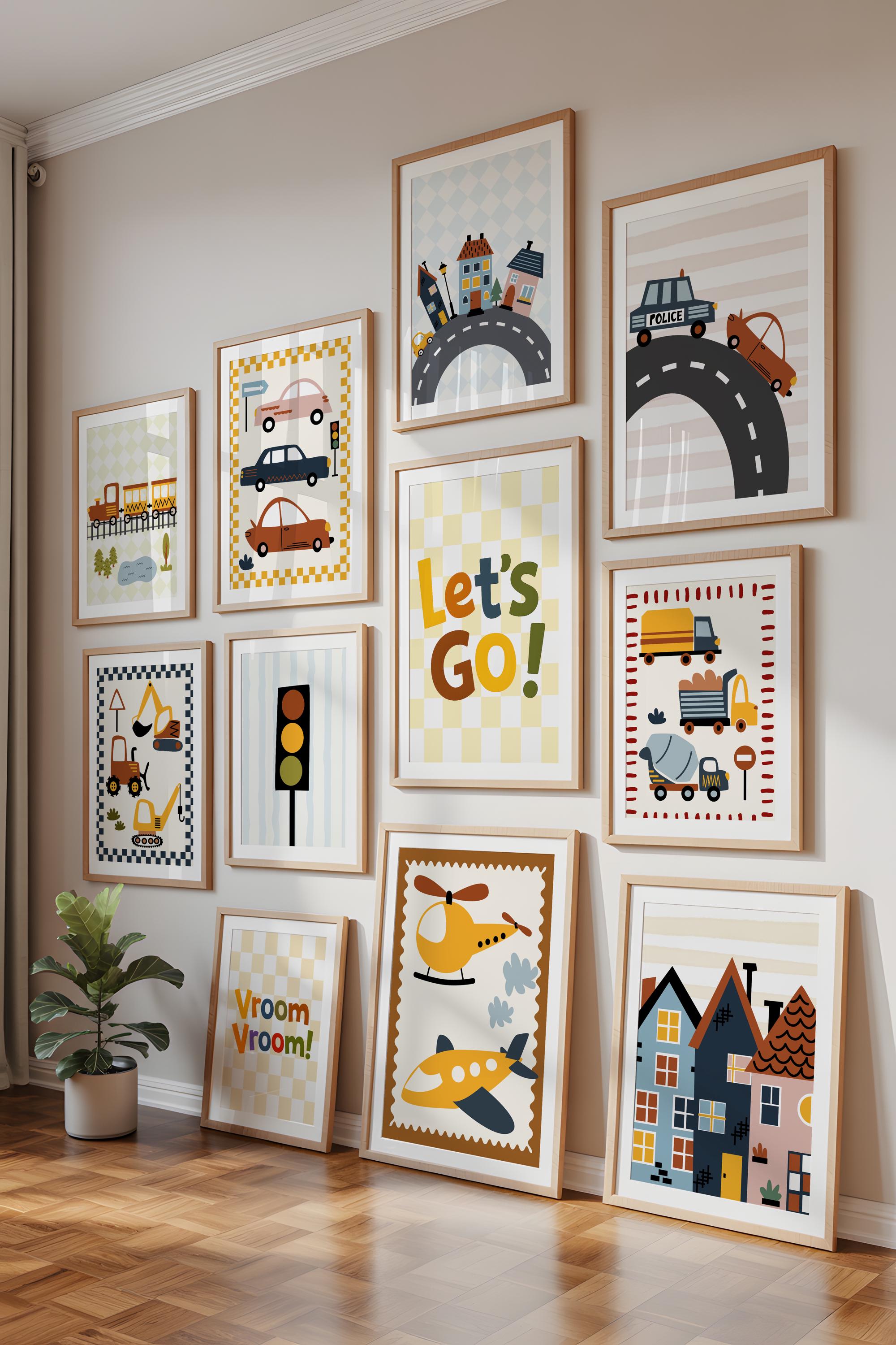 Playroom Transport Wall Art Set of 30, Trucks Airplane Car Prints, Kids ...