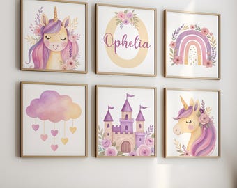 Lot de 6 imprimés licorne mauve, décoration de chambre de filles licorne, art mural licorne, impression château de princesse, chambre à thème violette, affiche licorne