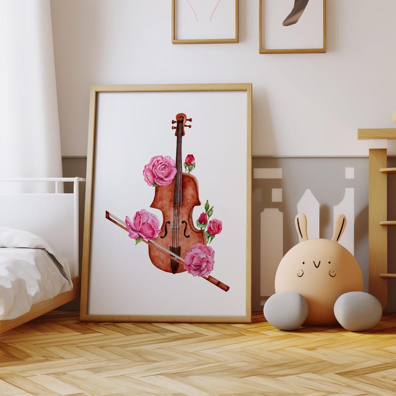 May include: A watercolor painting of a violin with pink roses and a bow. The violin is brown and the roses are pink. The background is white.