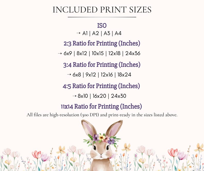 May include: A digital print size guide featuring the text INCLUDED PRINT SIZES, ISO A1-A4, and various aspect ratios in inches including 2:3, 3:4, 4:5, and 11x14. Below the text is a watercolor illustration of a brown rabbit wearing a floral crown.