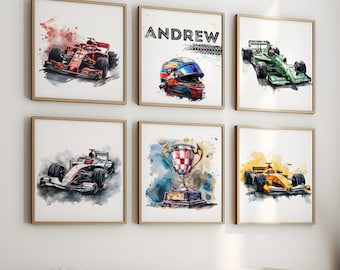 May include: Six framed watercolor paintings of Formula One race cars, a helmet, and a trophy. The paintings are in a white room with a white crib in the foreground. The name "ANDREW" is written in black on one of the frames.