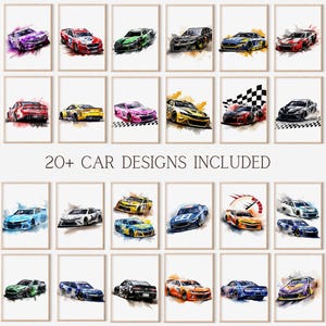 May include: A collection of framed watercolor prints featuring various race cars in vibrant colors. The prints showcase a variety of car designs, with the text "20+ CAR DESIGNS INCLUDED" displayed prominently.