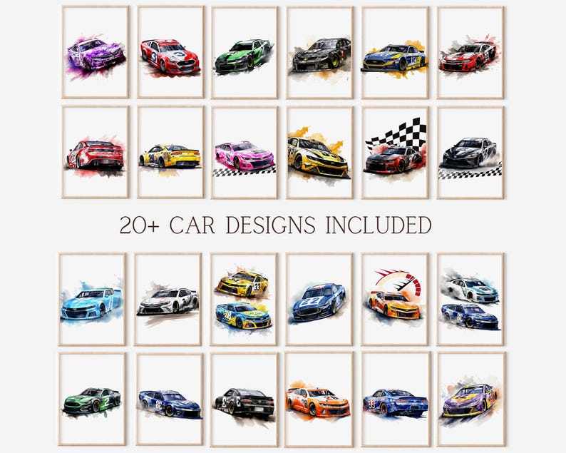May include: A collection of framed watercolor prints featuring various race cars in vibrant colors. The prints showcase a variety of car designs, with the text "20+ CAR DESIGNS INCLUDED" displayed prominently.