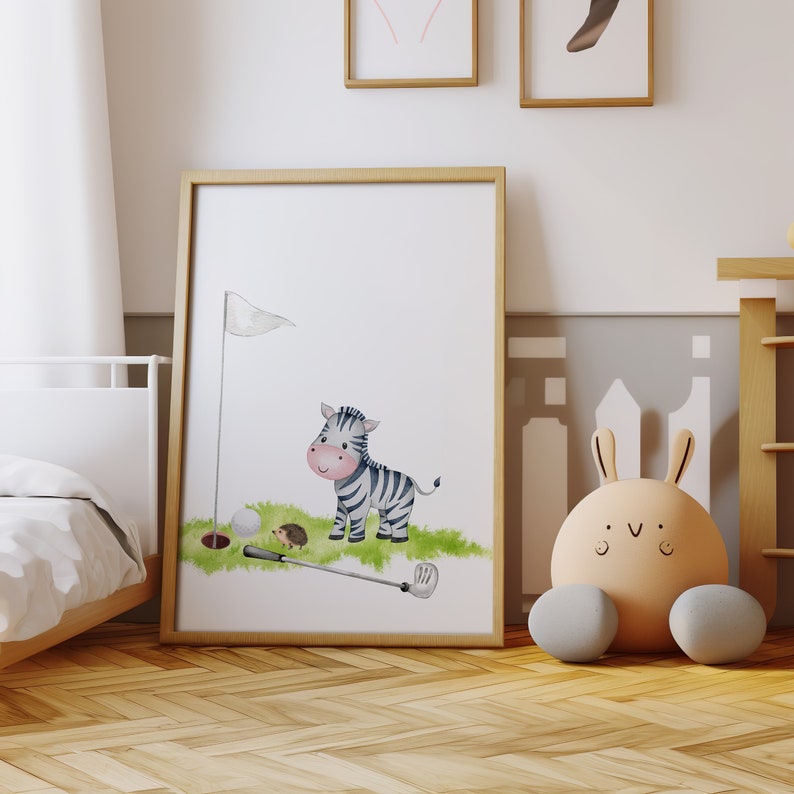 May include: A watercolor illustration of a zebra playing golf. The zebra is standing on a green patch of grass with a golf club and ball. There is a white flag in the background.