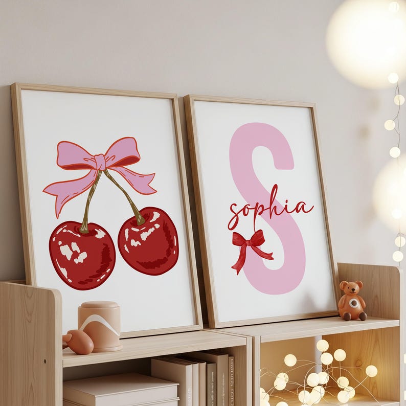 Bows Prints, Bows Nursery Decor, Bows Wall Art, Red Cherry Print, Pink Bow Wall Art, Red Bows Print, Bows Girls Room Decor, Cherry Wall Art image 3