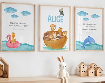 Set of 3 Christian Nursery Wall Art, Noahs Ark, Noahs Ark Nursery, Bible Verse Print, Scripture Wall Art, Christian Wall Art, Sea Animal Art