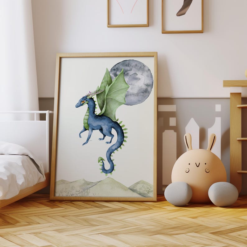 May include: A watercolor illustration of a blue dragon with green wings flying in front of a crescent moon. The dragon has a long tail and is surrounded by green hills.