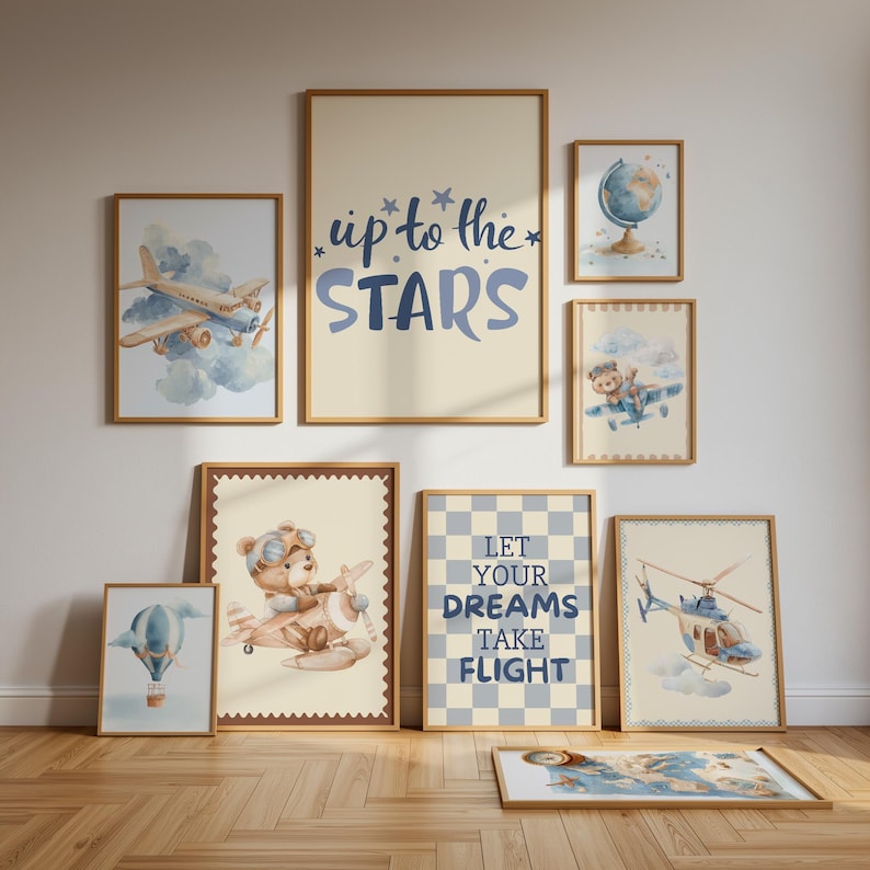 Aviation Nursery Wall Art Set of 20, Pilot Bear Airplane Prints, Baby ...