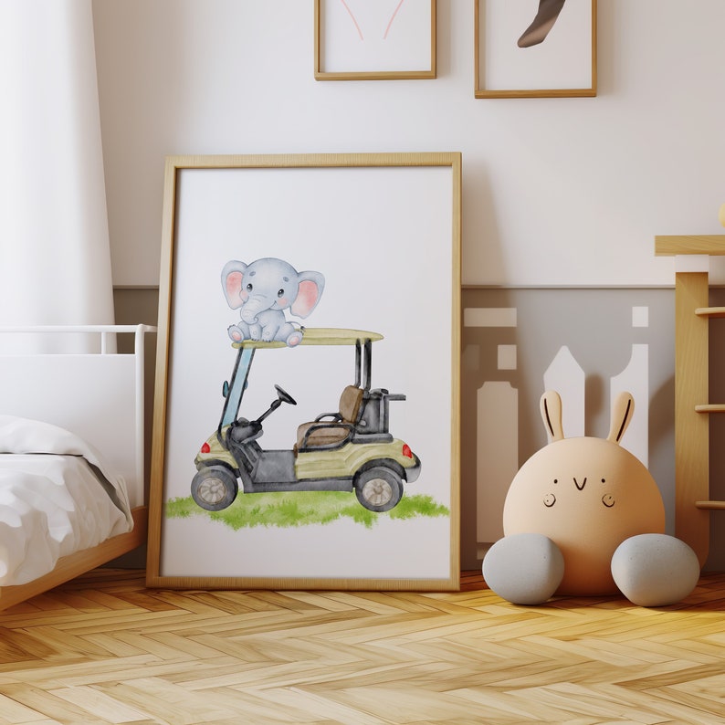 May include: A watercolor illustration of a gray elephant sitting on top of a green golf cart. The elephant has pink ears and a trunk. The golf cart has a brown seat and black wheels.