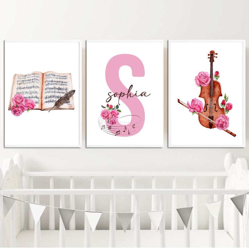 May include: Three framed prints with a musical theme. The first print features a vintage sheet music book with a feather and pink roses. The second print features a pink letter S with musical notes and the name "Sophia". The third print features a violin with pink roses.
