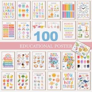 May include: A collection of 100 educational posters featuring colorful illustrations of the alphabet, numbers, shapes, seasons, times tables, clocks, months, weather, continents, days of the week, directions, world maps, fruits, vegetables, and animals.