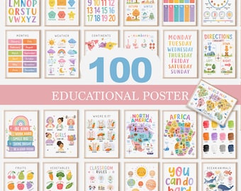 May include: A collection of 100 educational posters featuring colorful illustrations of the alphabet, numbers, shapes, seasons, times tables, clocks, months, weather, continents, days of the week, directions, world maps, fruits, vegetables, and animals.