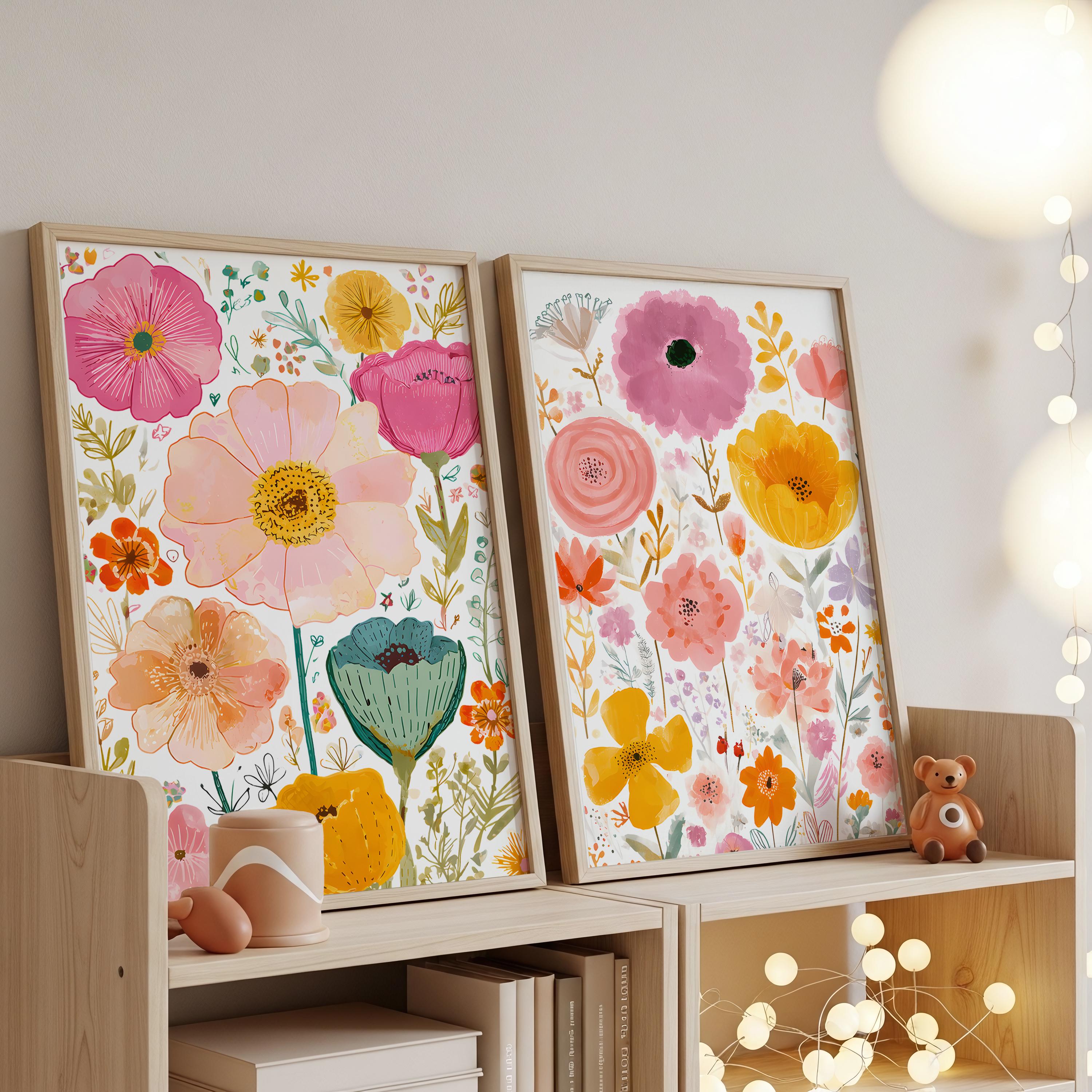 Floral Nursery Wall Art Set of 3, Pink Flower Nursery Prints, Floral ...
