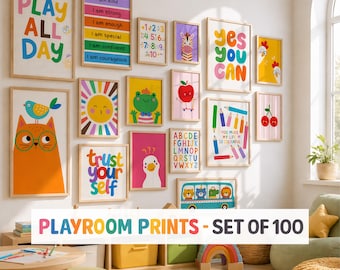 Playroom Wall Art Set of 100, Colorful Kids Room Prints, Nursery Decor Bundle, Educational Poster, Alphabet Numbers Art, Affirmation Prints