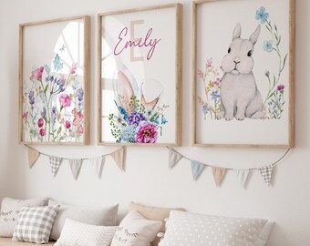 Arte de pared personalizado para habitación de bebé con conejito, decoración de habitación de bebé con conejito, impresiones florales para habitación de bebé, arte de pared con flores de acuarela, arte de pared para habitación de bebé niña