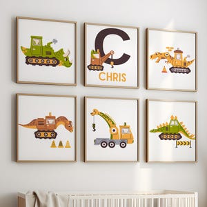 Construction Dinosaur Nursery, Construction Truck Wall Art, Dinosaur Boys Bedroom Print, Dinosaur Print, Truck Playroom Print, Dino Wall Art