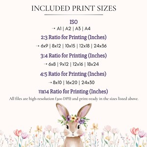 May include: A digital art print featuring a bunny wearing a floral crown, with a list of included print sizes in inches: 6x9, 8x12, 10x15, 12x18, 24x36, 6x8, 9x12, 12x16, 18x24, 8x10, 16x20, 24x30, and 11x14. The text states all files are high-resolution.