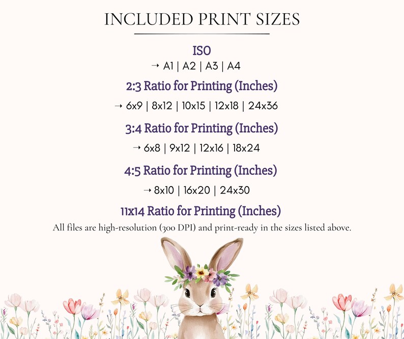 May include: A digital art print featuring a bunny wearing a floral crown, with a list of included print sizes in inches: 6x9, 8x12, 10x15, 12x18, 24x36, 6x8, 9x12, 12x16, 18x24, 8x10, 16x20, 24x30, and 11x14. The text states all files are high-resolution.