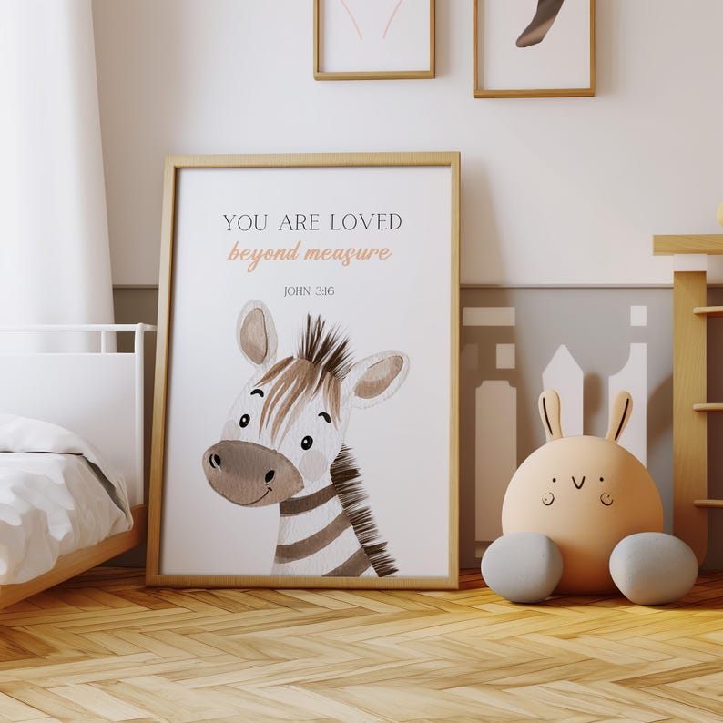 May include: A framed print with a watercolor illustration of a zebra with the text "You are loved beyond measure. John 3:16"