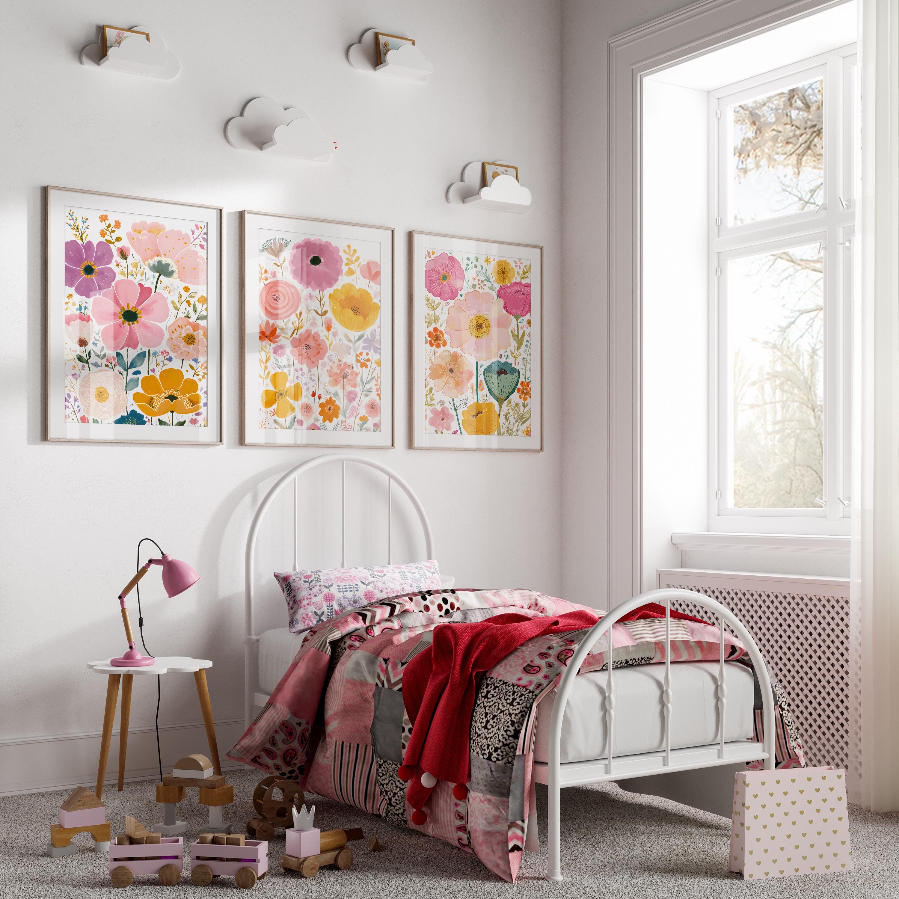 Floral Nursery Wall Art Set of 3, Pink Flower Nursery Prints, Floral ...