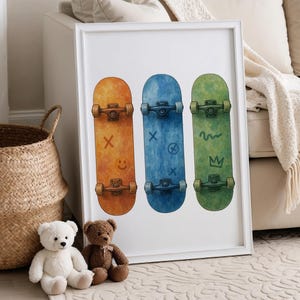 Watercolor Skateboard Prints, Skate Theme Nursery, Skater Gift, Skateboard Nursery, Skate Nursery Prints, Skate Decor, Skateboard Wall Art