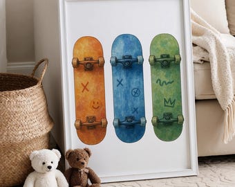Stampe di skateboard ad acquerello, cameretta a tema skate, regalo per skater, cameretta a tema skate, stampe per cameretta a tema skate, decorazioni per skateboard, decorazioni murali a tema skate