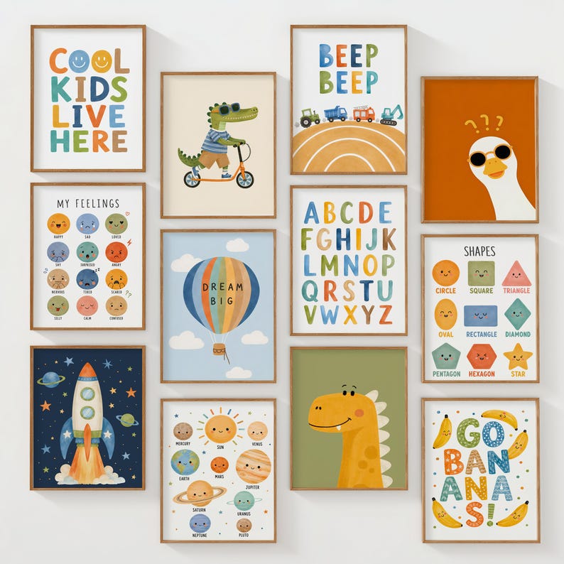 May include: A collection of twelve rectangular wall art prints featuring colorful illustrations for children, including a rocket, a hot air balloon, a crocodile on a scooter, a goose, planets, shapes, the alphabet, and various text phrases.