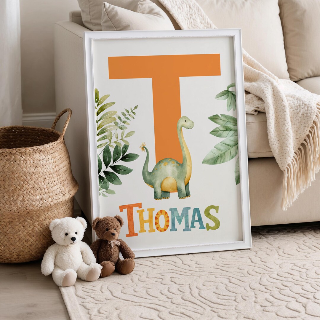 Personalized Dinosaur Name Wall Art, Dino Initial Nursery Print, Custom ...