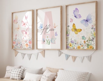 Personalized Butterfly and Wildflowers Nursery Prints, Butterfly Wall Art, Wildflowers Prints, Floral Nursery Art, Butterfly Prints, Flowers