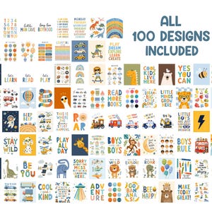 May include: A collection of 100 colorful educational and decorative posters featuring various illustrations including animals, vehicles, space themes, and motivational text. The designs are arranged in a grid, showcasing diverse graphics and typography.