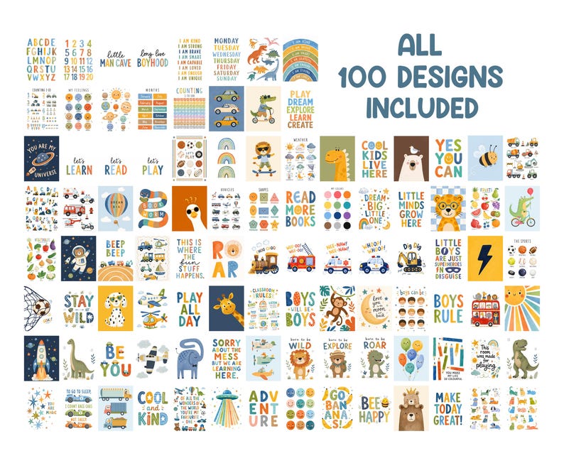 May include: A collection of 100 colorful educational and decorative posters featuring various illustrations including animals, vehicles, space themes, and motivational text. The designs are arranged in a grid, showcasing diverse graphics and typography.