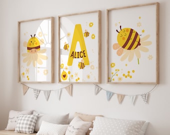 Bee Prints Nursery Wall Art, Bee Wall Art, Honey Bee Nursery, Bumblebee Decor, Girls Bedroom Decor, Girl Nursery Decor, Yellow Nursery