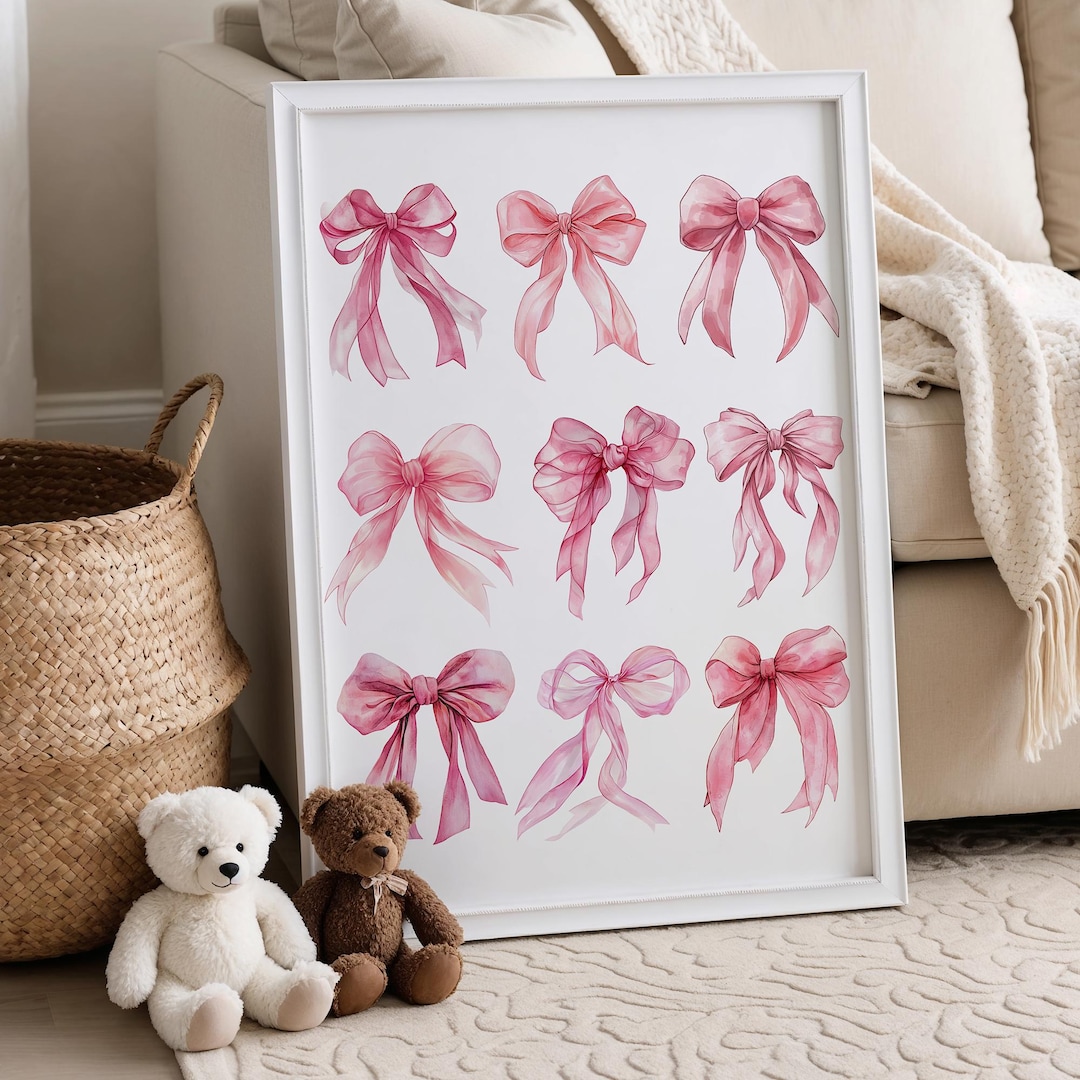 Pink Bows Wall Art for Girls Room, Pink Nursery Decor, Bow Themed Baby ...