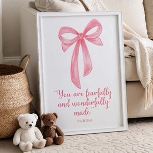 Bible Verse Girls Room Decor, Bible Verse Nursery, Pink Bow Print, Pink Bow Nursery, Scripture Print, Christian Kids Room Art, Christian Art