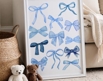 Blue Bows Print, Blue Nursery Decor, Blue Bows Wall Art, Blue Coquette Print, Coquette Wall Art, Blue Bows Room Decor, Blue Bow Poster