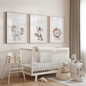 May include: Three framed prints with animal illustrations and inspirational quotes. The prints feature a zebra, an elephant, and a lion. The quotes are "You are loved beyond measure", "I am fearfully and wonderfully made", and "You are a child of God".