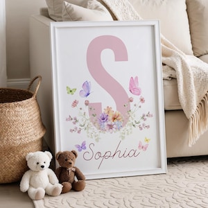 Impressão de nome de borboleta personalizada, impressão de nome personalizado, impressão de borboleta, impressão de berçário de borboleta, berçário de nome de menina, impressão de borboleta e flor
